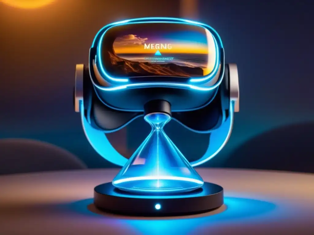 Realidad virtual fusionada con el pasado: Resale innovador Innovadoras estrategias de reventa de tiempo compartido se fusionan en una imagen futurista de realidad virtual y un reloj de arena tradicional