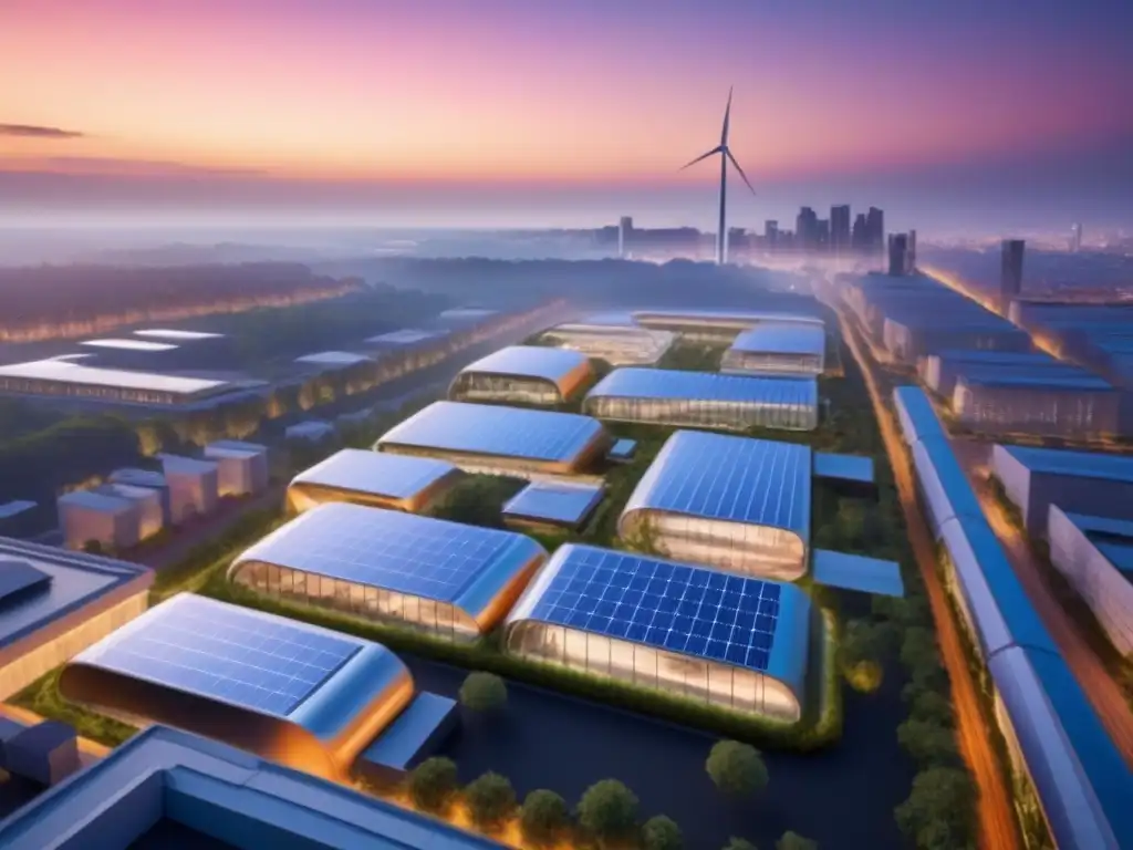 Cityscape futurista: arquitectura sostenible al atardecer Innovadores edificios sostenibles con nuevos materiales aislamiento térmico brillan al atardecer
