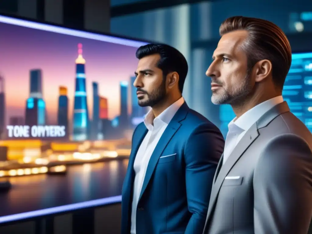 Skyline futurista: inversores preocupados por amenazas cibernéticas Inquietud por riesgos cibernéticos en sector inmobiliario en futurista ciudad nocturna