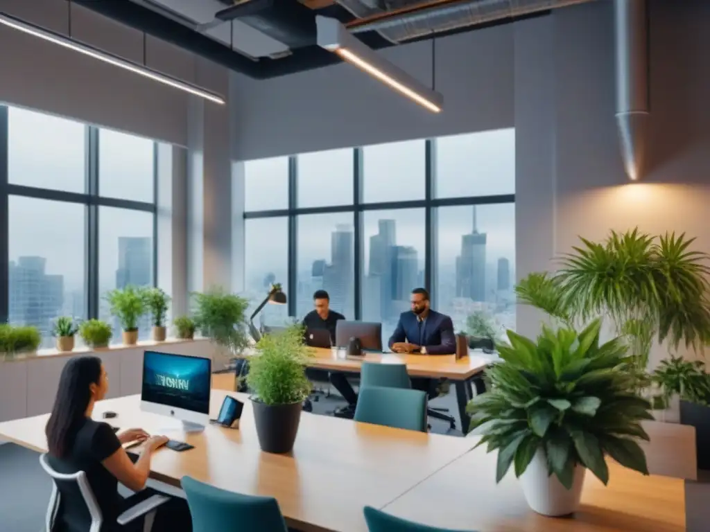 Profesionales creativos en coworking moderno Inquilino ideal coworking inversión: Profesionales colaborando en un espacio moderno con plantas, luz natural y gadgets de alta tecnología