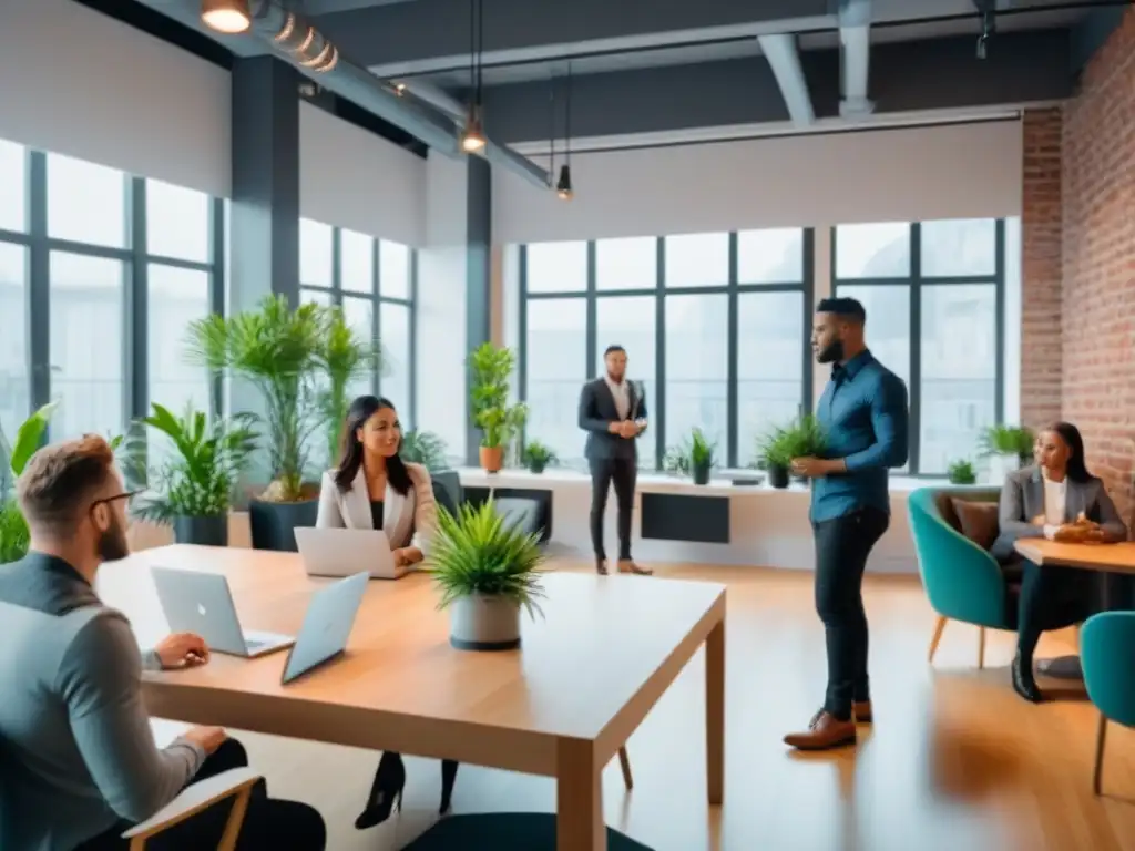Espacio de coworking moderno y dinámico con profesionales colaborando Inquilino ideal coworking inversión: Espacio colaborativo moderno con profesionales diversos trabajando en un ambiente productivo y dinámico
