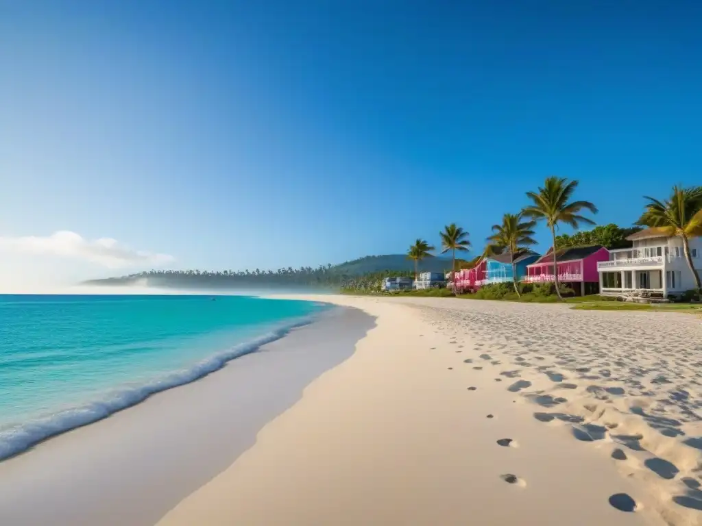 Paraíso vacacional: alquileres coloridos en la costa Inquilinos ideales propiedades vacacionales: Pintoresco pueblo costero con alquileres vacacionales coloridos, playa de aguas cristalinas y palmeras