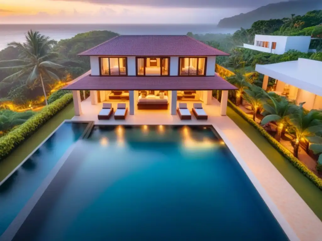 Exclusiva propiedad vacacional frente al mar al atardecer Inquilinos ideales propiedades vacacionales: Exclusiva villa frente al mar con piscina infinita y jardines tropicales al atardecer