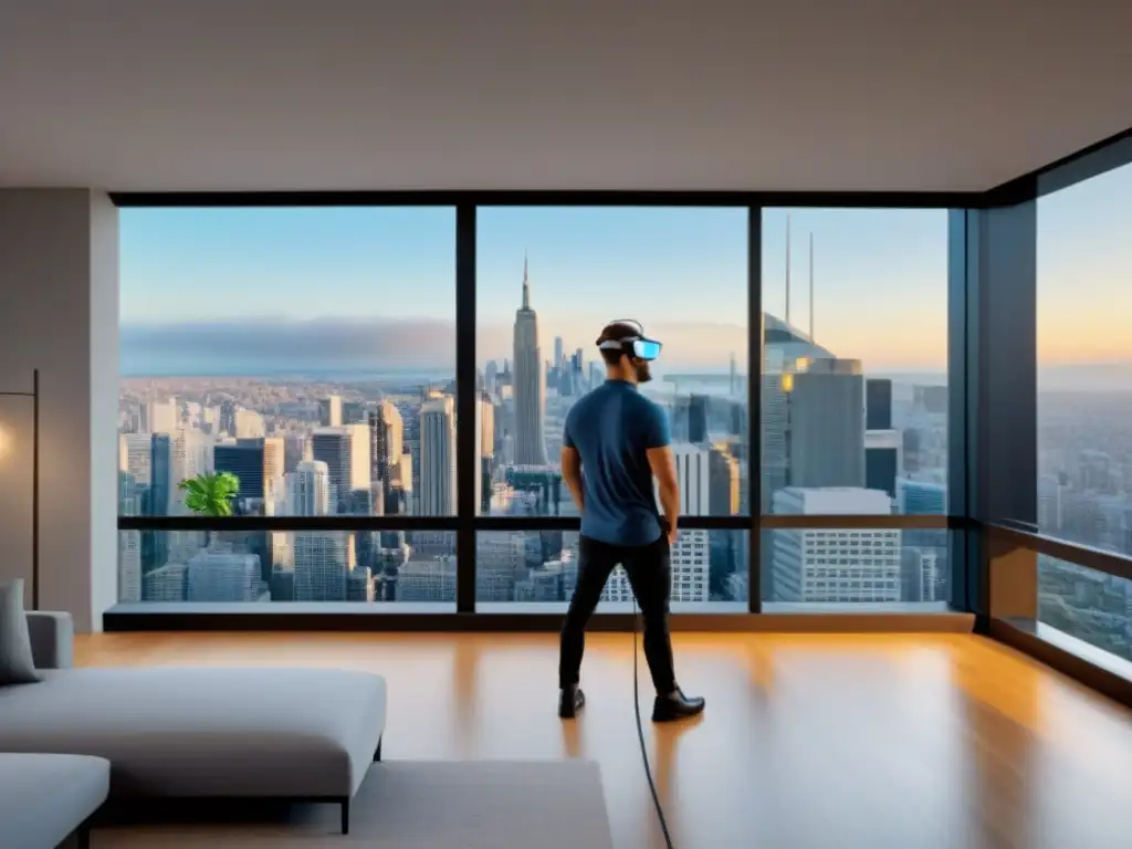 Inspección inmersiva de propiedad con AR en apartamento moderno Inspección de propiedades con realidad aumentada: Inspector en apartamento moderno con gafas AR y HUD futurista