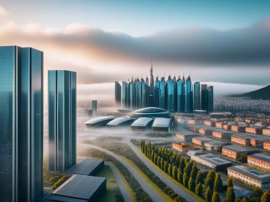 Inspección de Edificio Futurista con Realidad Aumentada Inspección de propiedades con realidad aumentada en una ciudad futurista con edificios modernos y equipos analizando fachada