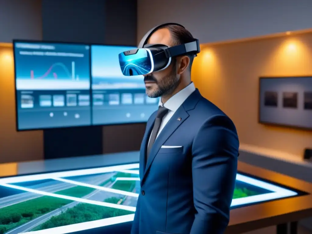 Realidad aumentada: Inspección inmersiva de propiedades en 3D Inspección de propiedades con realidad aumentada: inspector profesional con auriculares de AR proyectando modelos 3D en oficina moderna