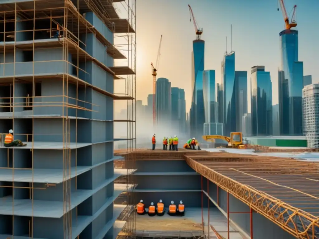 Escena de construcción metropolitana: obreros en acción Inspecciones de seguridad en el mercado inmobiliario: obreros en obra inspeccionando edificio con grúas y andamios