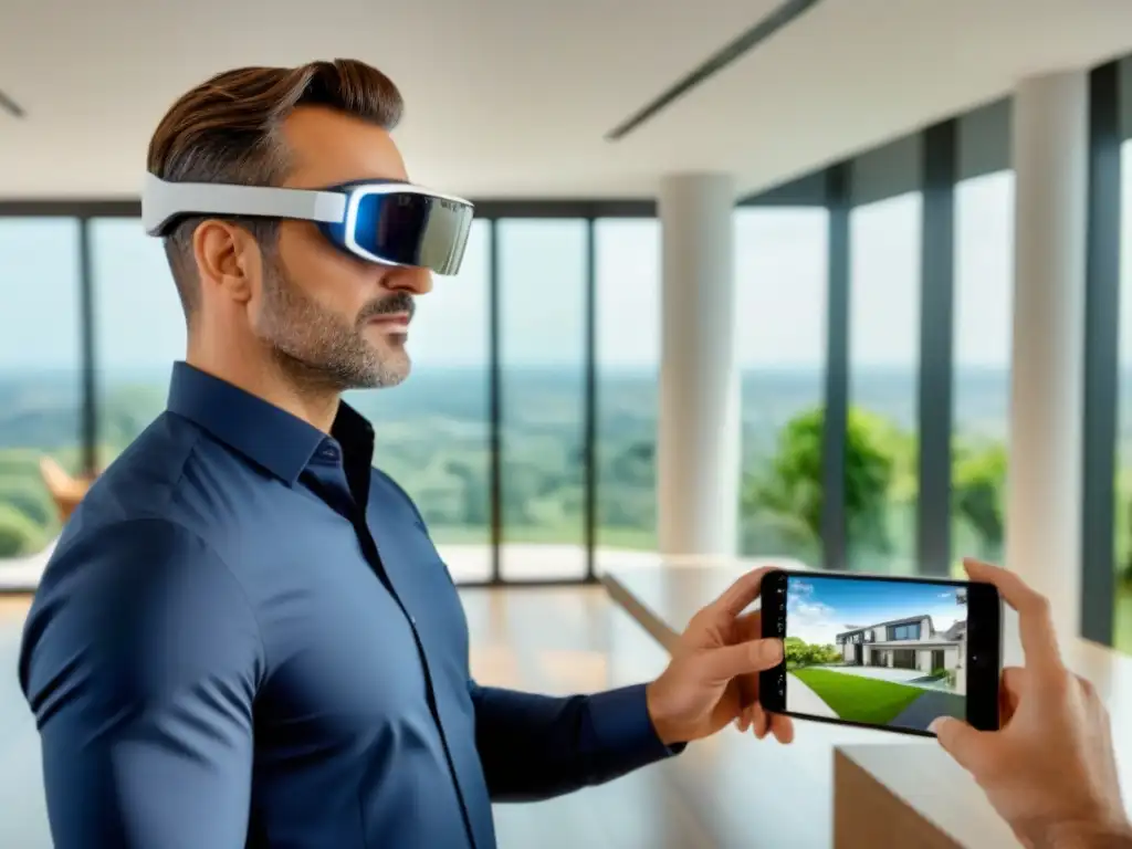 Inspector de propiedades con AR: innovación y precisión Un inspector profesional, con gafas de realidad aumentada, inspecciona con confianza una lujosa propiedad moderna