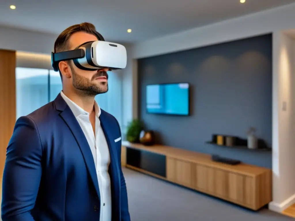Inspección inmersiva con tecnología VR en propiedad moderna Un inspector de propiedades usando realidad virtual para inspecciones detalladas