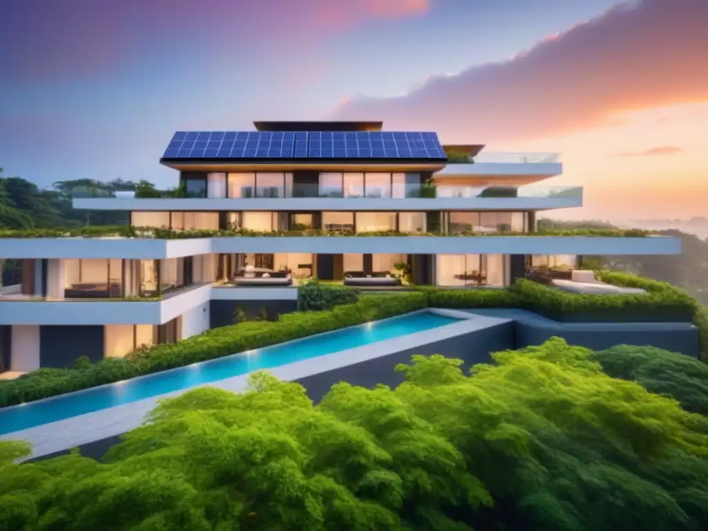 Condominio de lujo con energía solar al atardecer Inspirador complejo de condominios modernos al atardecer con diseño arquitectónico elegante y paneles solares brillantes en los tejados