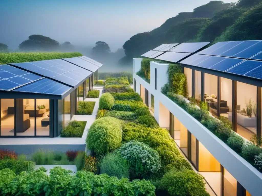 Complejo sostenible: diseño eco con paneles solares y jardines verdes Inspirador complejo sostenible con paneles solares, vegetación exuberante y diseño ecoeficiente