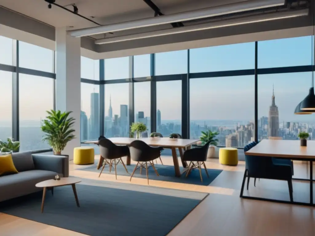 Coworking moderno con vista panorámica de ciudad vibrante Inspirador espacio de coworking en inversiones con vista panorámica de la ciudad y profesionales colaborativos