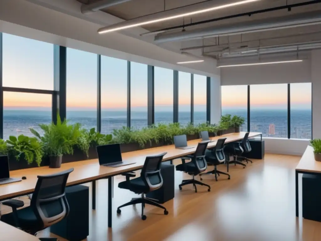 Espacio de coworking moderno y luminoso para profesionales creativos Inspirador espacio de coworking postpandemia con luz natural, diseño moderno, plantas vibrantes y profesionales colaborando en armonía