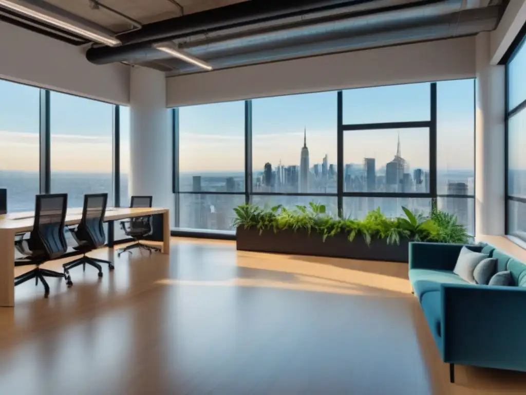 Oficina moderna con profesionales colaborando en un espacio innovador y vibrante Inspirador espacio coworking con oficinas de cristal, plantas verdes y profesionales colaborando en una ciudad vibrante