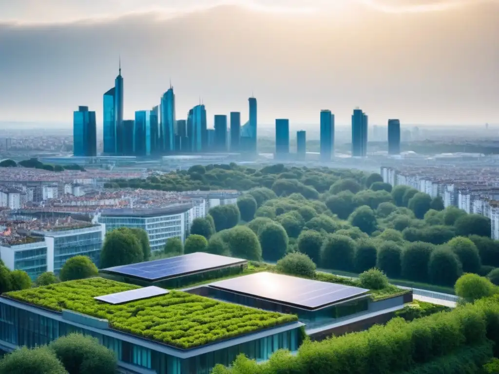 Propiedad ecológica de diseño moderno en ciudad europea Inspirador paisaje urbano ecoamigable con propiedades ecológicas y paneles solares en el techo