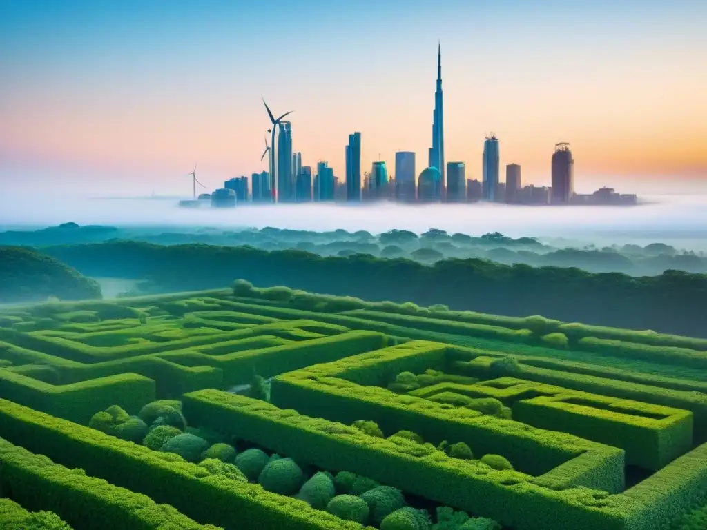 Diseño sostenible: Futurista ciudad verde al atardecer Inspiradora ciudad futurista con edificios verdes y energía renovable al atardecer