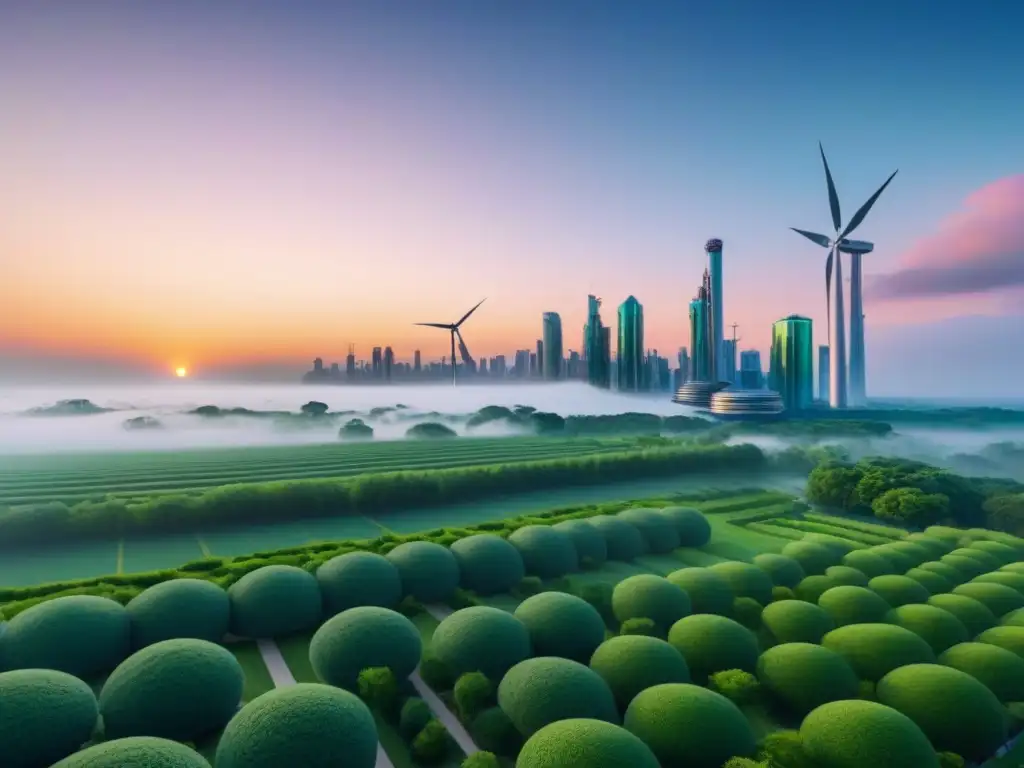 Horizonte ecológico: arquitectura moderna y sostenible al atardecer Inspiradora ciudad verde con edificios futuristas y energía renovable al atardecer