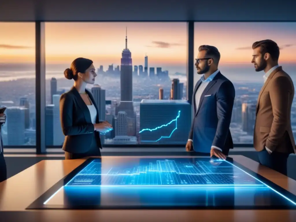 Inversores innovadores analizan proyectos inmobiliarios Inspiradora escena de inversores diversos en moderna oficina, analizando holograma de planos arquitectónicos y gráficos inmobiliarios