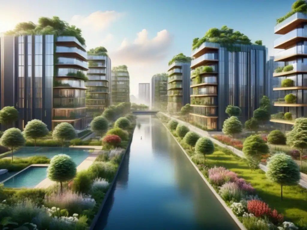 Desarrollo urbano sostenible con espacios verdes exuberantes Integración de biodiversidad en desarrollo urbano sostenible con espacios verdes y arquitectura moderna