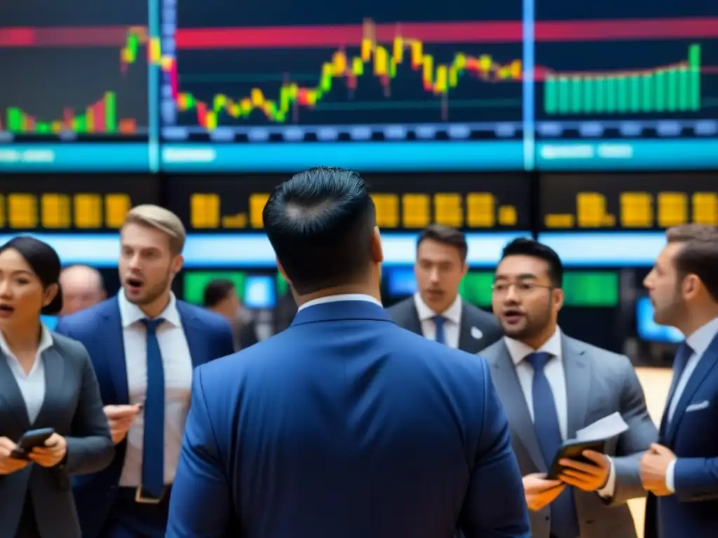 Intensa actividad en la bolsa de valores Intensa bolsa valores con traders en trajes, gráficos financieros, maximizar ingresos flujo caja inversiones