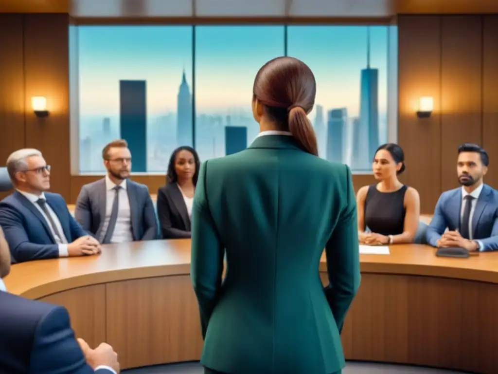 Abogados internacionales debatiendo caso legal global en moderno tribunal Intensa discusión legal sobre litigios propiedad vacacional extranjero en moderno tribunal internacional