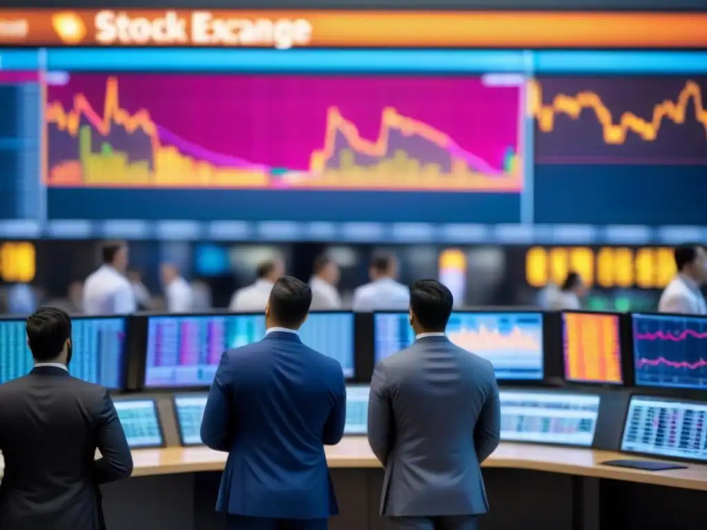 Escena frenética de la Bolsa de Valores con traders y datos en tiempo real Intensa escena de la bolsa de valores con traders y pantallas de datos financieros en tiempo real