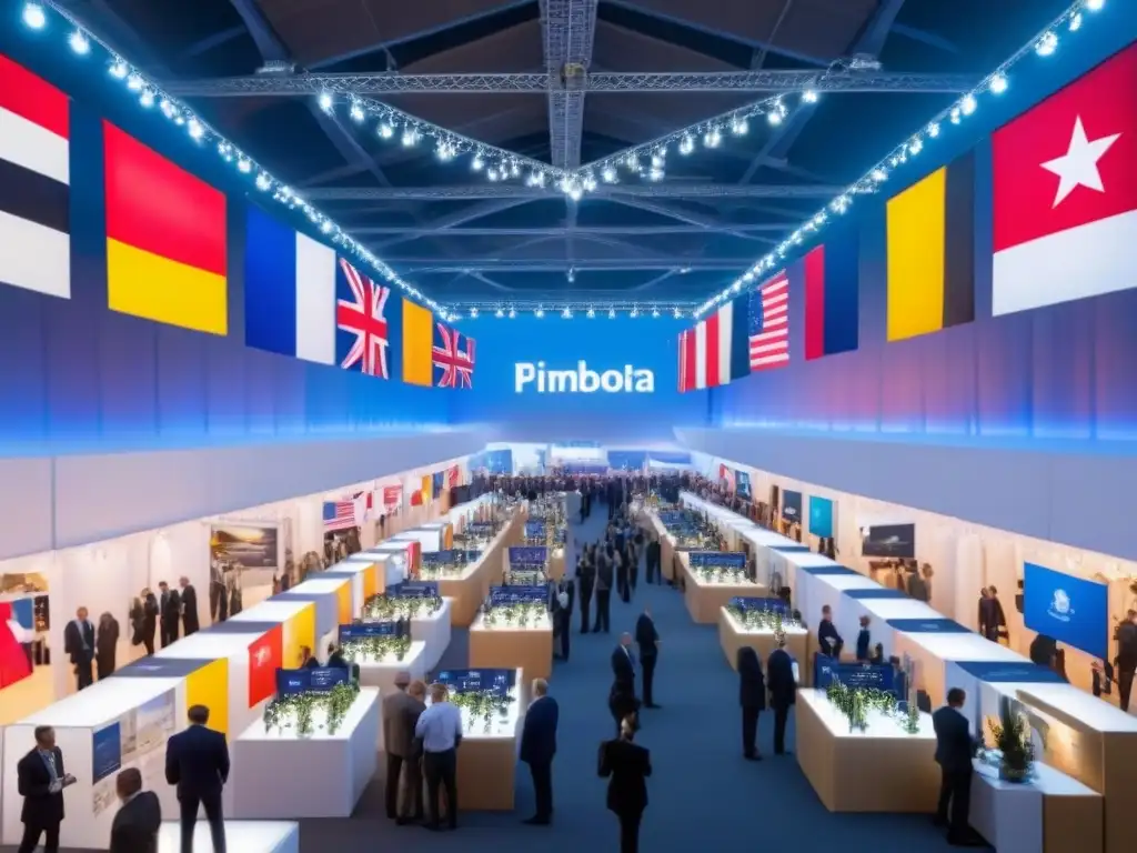 Feria Internacional: Negocios globales bajo luces LED futuristas Intensa feria comercial internacional con negocios y muestras bajo luces LED futuristas, banderas y diseño minimalista