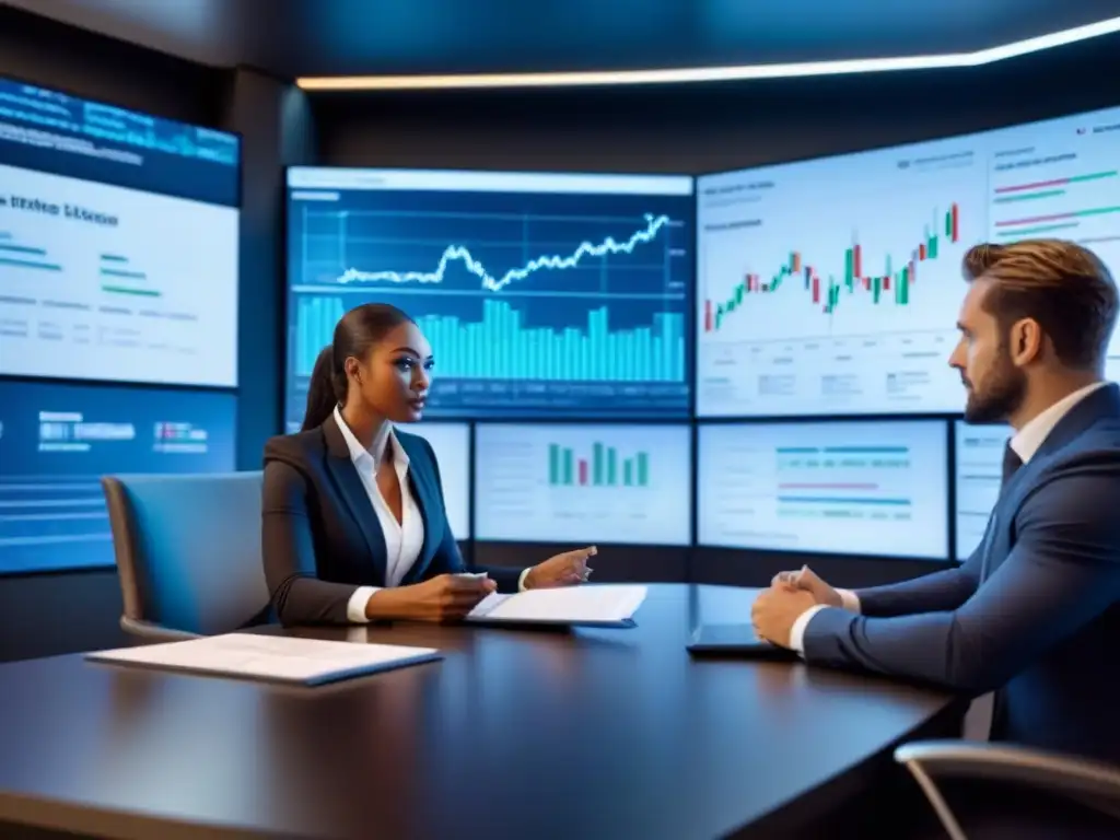 Intensa negociación empresarial en sala futurista Intensa negociación M&A en mercados desarrollo entre profesionales en moderna sala de reuniones con gráficos financieros