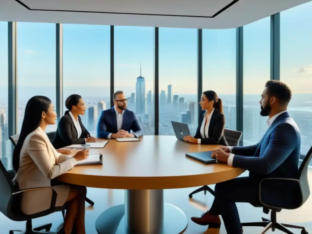 Negociación inmobiliaria: diversidad y pasión en moderna oficina Intensa negociación de compra en moderna oficina con diversidad étnica y vista a la ciudad