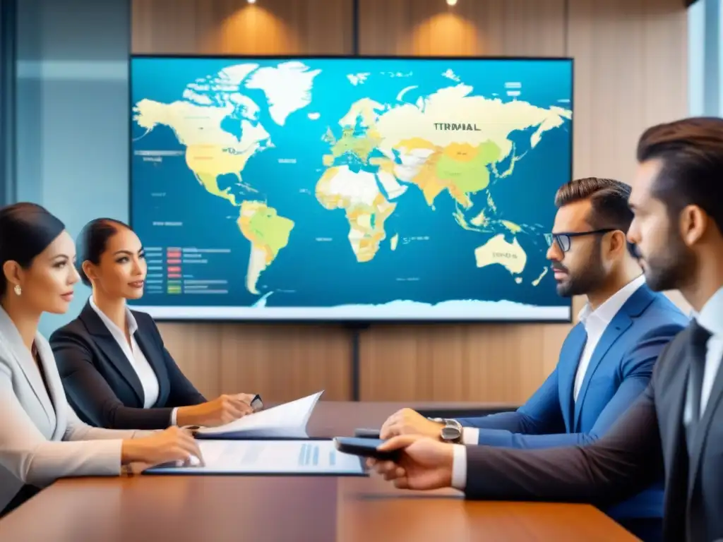 Negociación internacional: equipos multiculturales en sala de conferencias moderna Intensa negociación entre equipos de negocios en sala moderna, rodeados de documentos legales y pantallas digitales