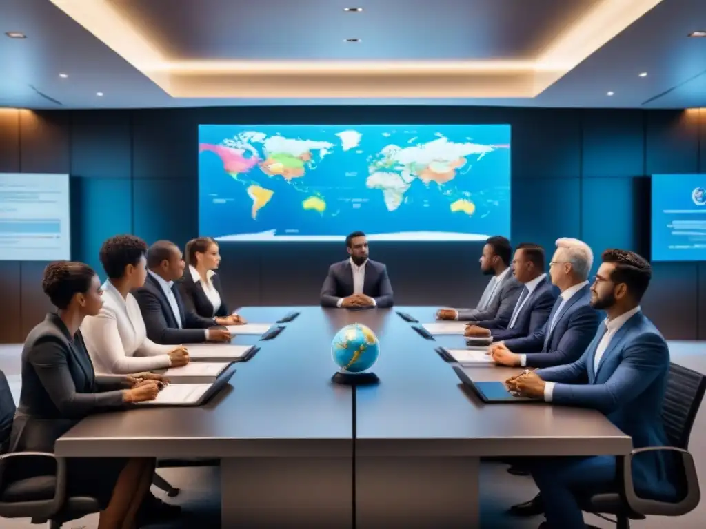 Negociaciones internacionales con tecnología avanzada y diversidad cultural Intensa negociación internacional en sala futurista con tecnología de traducción avanzada y barreras legales