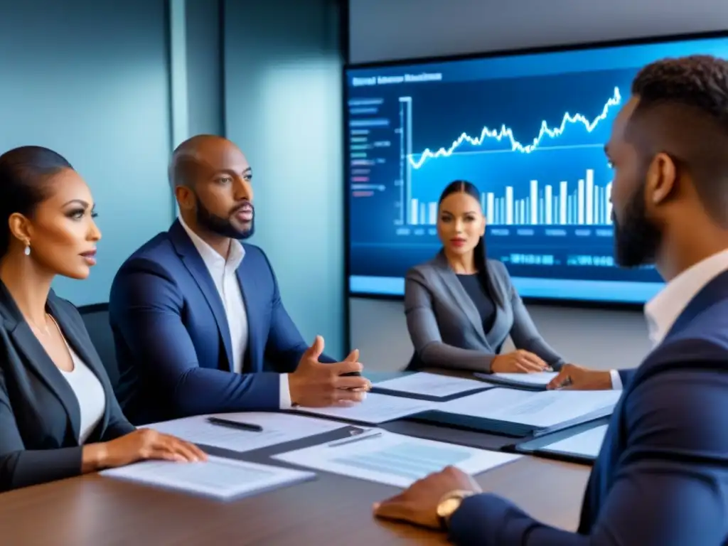 Intensa reunión de profesionales en sala de juntas moderna Intensa reunión estratégica de profesionales en moderno salón con tecnología avanzada, gráficos de inversión inmobiliaria en pantalla