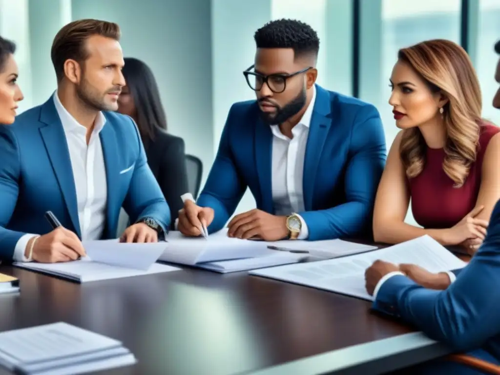 Profesionales en reunión: abogados, agentes inmobiliarios e inversores en discusión estratégica en oficina moderna Intensa reunión de profesionales en una oficina moderna