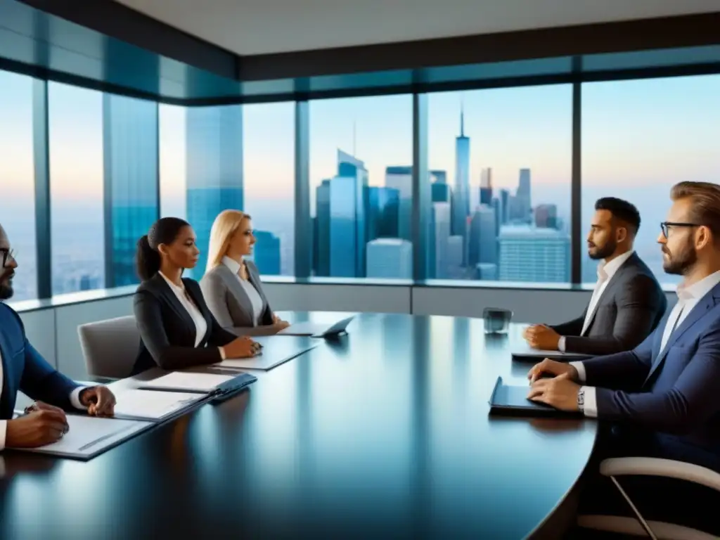 Profesionales de negocios en reunión estratégica en moderna sala de juntas Intensas negociaciones de negocios en una sala de juntas moderna con vista urbana panorámica