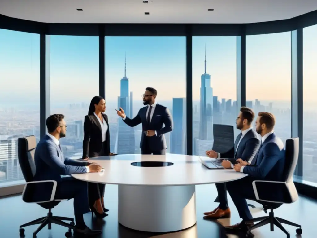 Negociación inmobiliaria internacional: profesionales en acción Intensas tácticas de negociación inmobiliaria internacional en moderna oficina con skyline panorámico