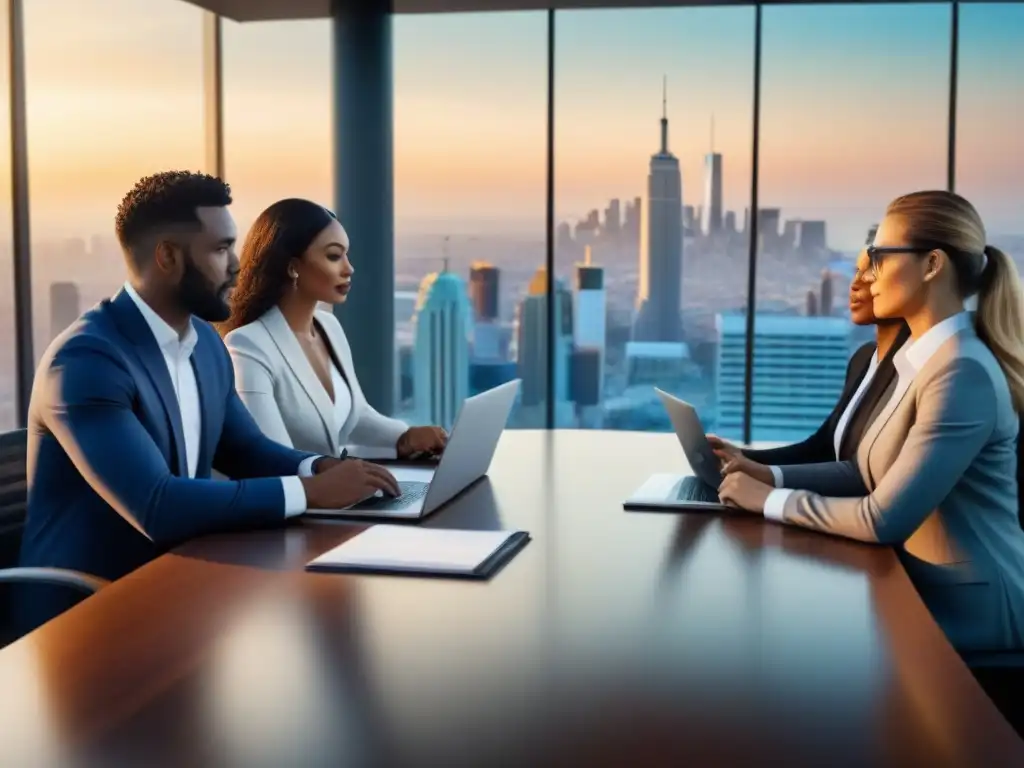 Equipo diverso de profesionales inmobiliarios en reunión de alto nivel Intensiva reunión de profesionales inmobiliarios analizando estrategias y documentos en un moderno boardroom con vista a la ciudad al atardecer