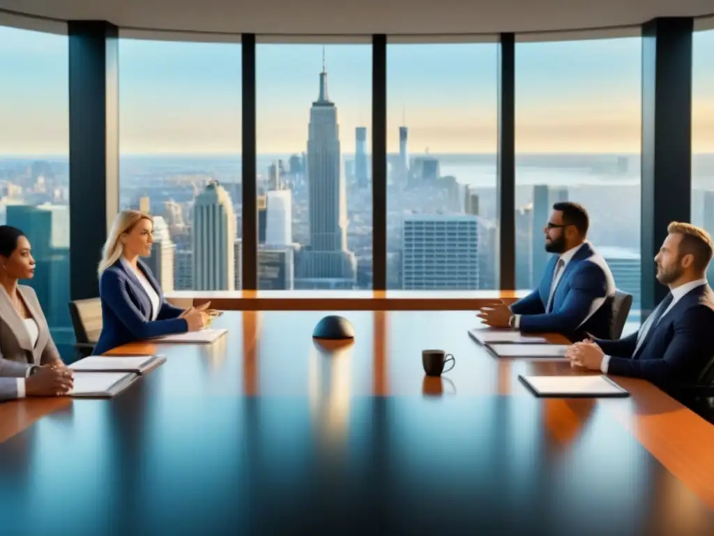 Intenso debate de profesionales en sala de juntas moderna con vista a la ciudad, simbolizando inversión inmobiliaria global leyes propiedad