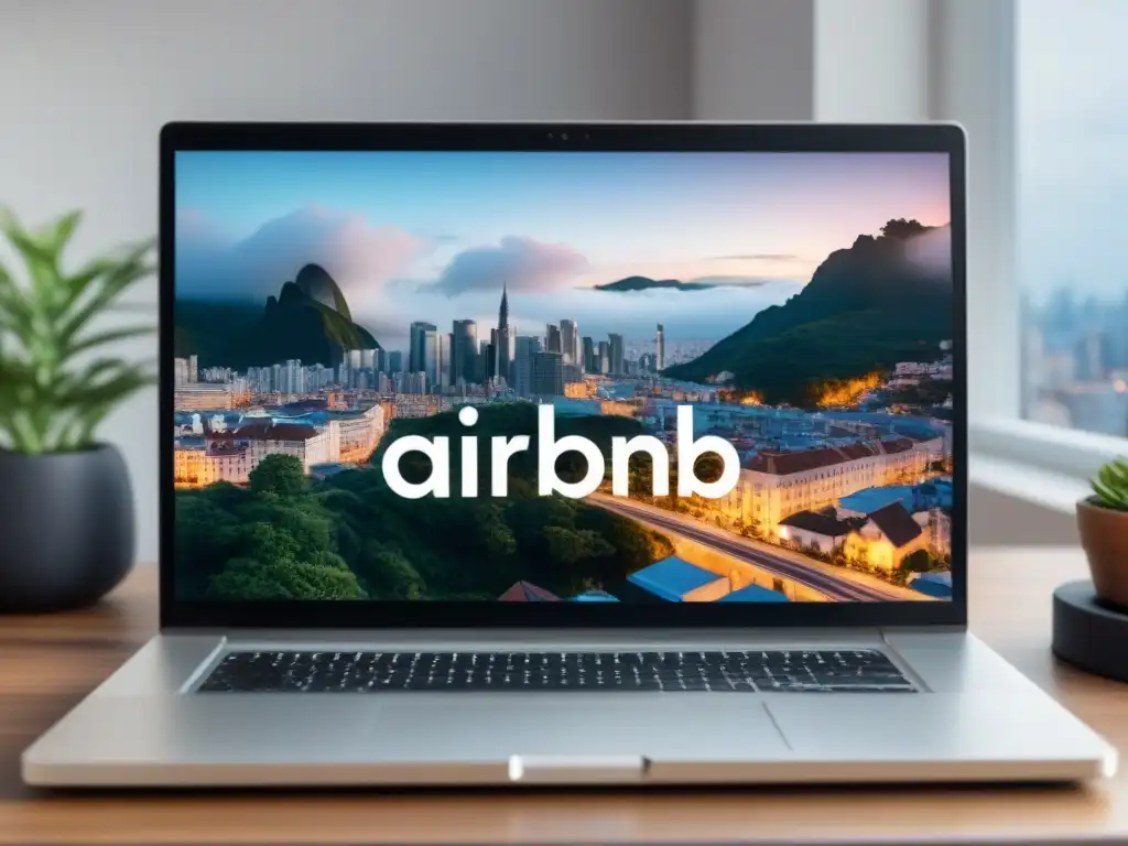 Alojamiento Airbnb de lujo en pantalla de laptop moderna Interfaz atractiva de listado Airbnb con sala acogedora, cocina equipada y dormitorio lujoso