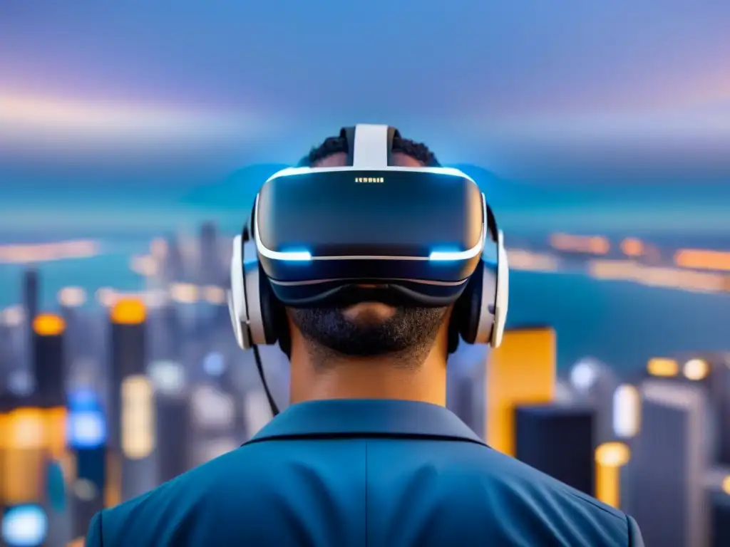 Headset VR muestra datos financieros en paisaje digital futurista Interfaz digital con auriculares VR mostrando gráficos financieros y datos inmobiliarios en una ciudad global
