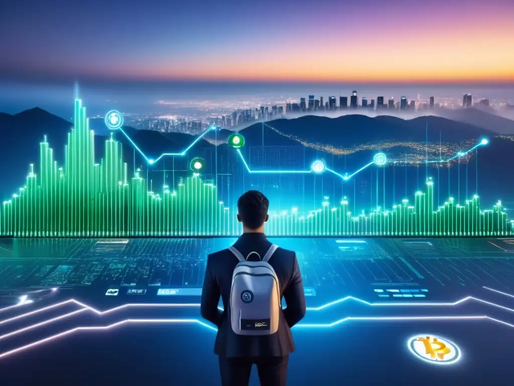 Inversión en Criptomonedas: Ciudad Virtual Futurista Una interfaz digital futurista muestra una ciudad virtual con símbolos de criptomonedas y propiedades inmobiliarias