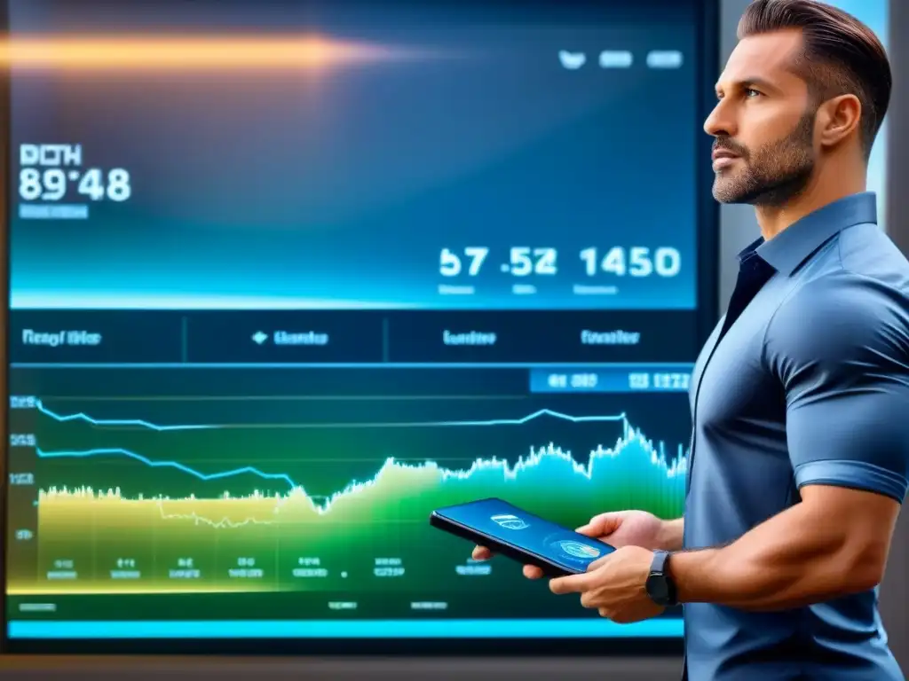 Interfaz digital futurista para fidelización de clientes en bienes raíces Interfaz digital futurista con datos inmobiliarios y perfiles de clientes, simbolizando estrategias de fidelización en el sector inmobiliario
