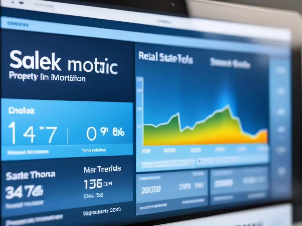 Interfaz digital futurista para propiedades inmobiliarias Una interfaz digital futurista y detallada muestra propiedades inmobiliarias con información de precios dinámica y gráficos interactivos
