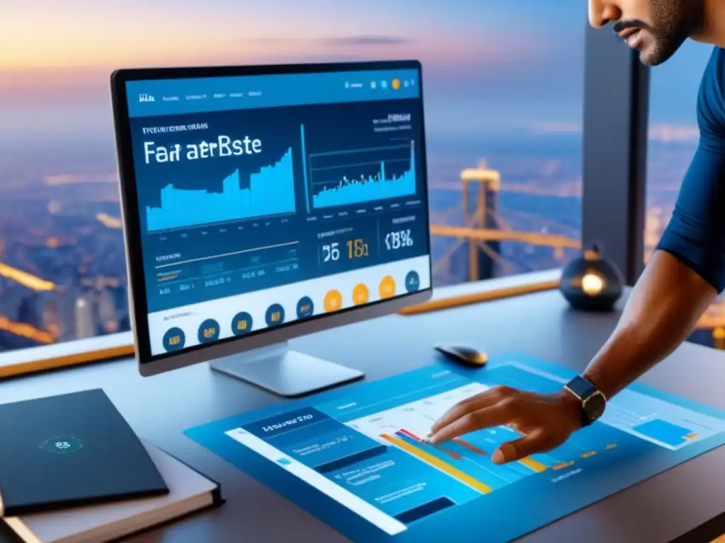 Interfaz digital futurista para estrategias de marketing inmobiliario internacional Una interfaz digital futurista y detallada con herramientas y gráficos para estrategias de Marketing inmobiliario internacional personalizado