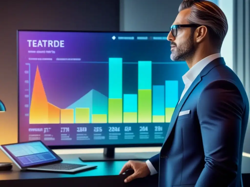 Interfaz digital futurista con datos de ventas inmobiliarias Interfaz digital futurista con gráficos de análisis de datos sobre narrativa de marca en inmobiliario