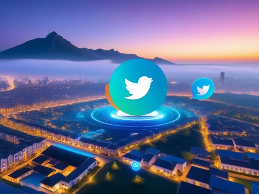 Redes sociales y PropTech: innovación digital inmobiliaria Una interfaz digital futurista integra iconos de redes sociales y propiedades inmobiliarias en una red sofisticada