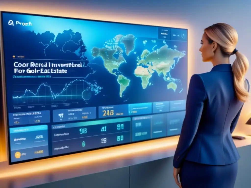 Interfaz digital ultra detallada para inversiones inmobiliarias globales Interfaz digital futurista para Inversiones inmobiliarias internacionales PropTech