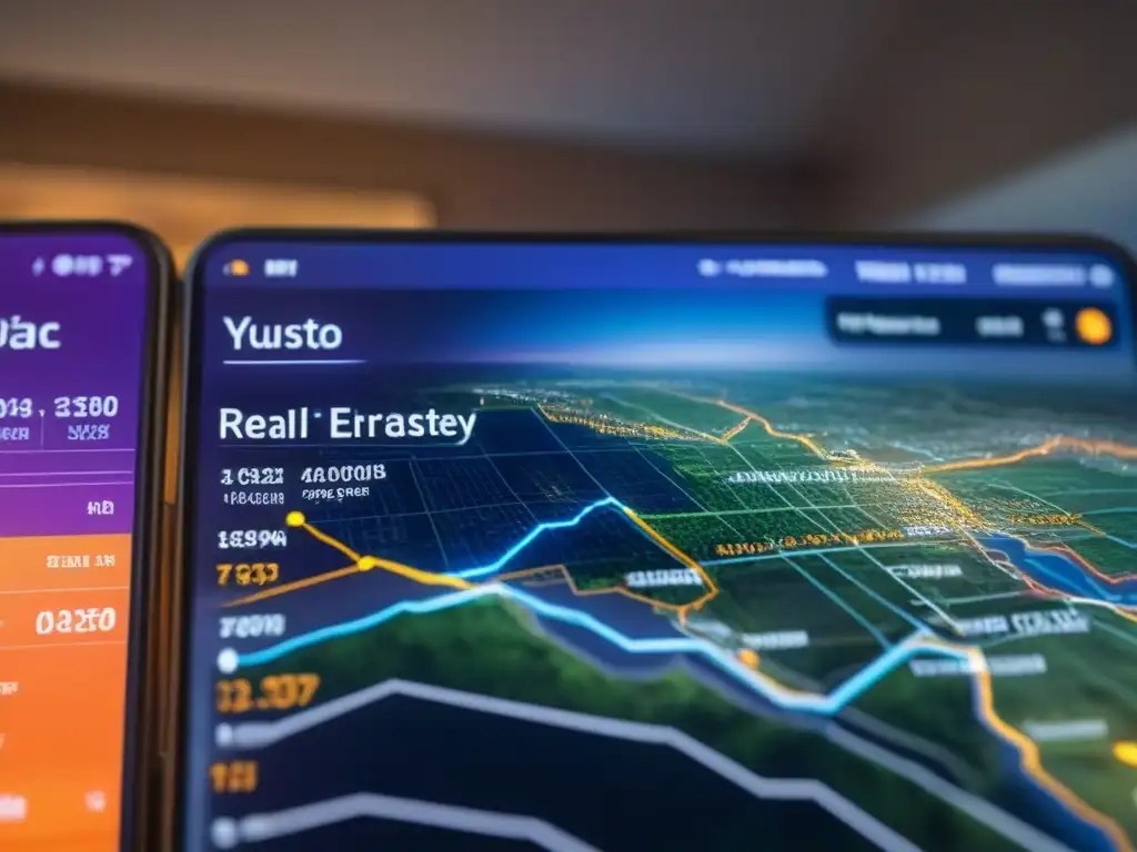 Interfaz futurista: Inversión inmobiliaria internacional con criptomonedas Interfaz digital futurista para inversiones inmobiliarias internacionales con criptomonedas