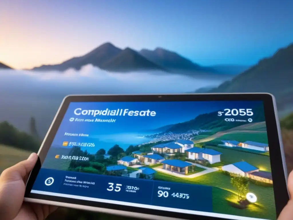 Interfaz digital futurista: financiamiento y accesibilidad inmobiliaria Interfaz digital futurista mostrando opciones de financiamiento residencial en el mercado inmobiliario