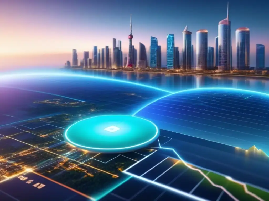 Interfaz digital futurista: tendencias inmobiliarias globales en 8k Interfaz digital futurista mostrando tendencias mercado inmobiliario global con gráficos y mapas