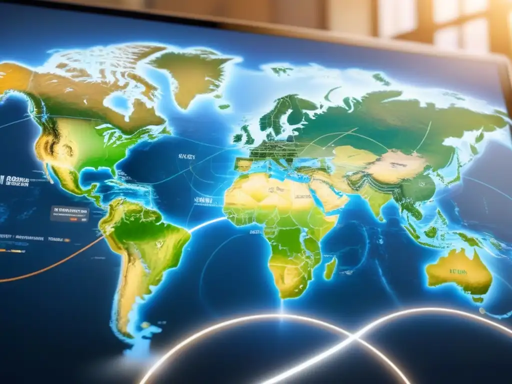 Mapa global de inversiones inmobiliarias: gestión eficaz tras la crisis Una interfaz digital moderna muestra un mapa global con nodos interconectados que representan inversiones inmobiliarias internacionales